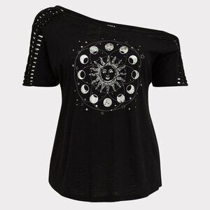 Torrid Black Moon Sun Slub Jersey Cutout Off Shoulder Tee Size 3 Short Sleeve